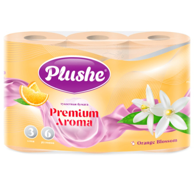 Туалетная бумага Plushe Premium Aroma "Orange Blossom" 3 слоя, персиковая, ароматизированная 6шт. 15м