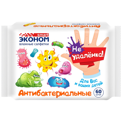 Салфетки влажные детский ЭКОНОМ SMART Не удаленка антибактериальные  60шт 