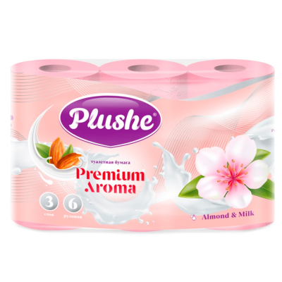 Туалетная бумага Plushe Premium Aroma "Almond&Milk" 3 слоя, розовая, ароматизированная 6шт. 15м