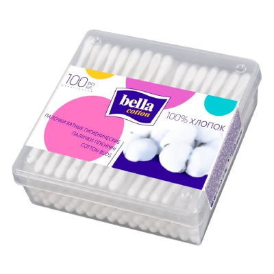 Палочки ватные bella в пластиковой квадратной коробке 100шт